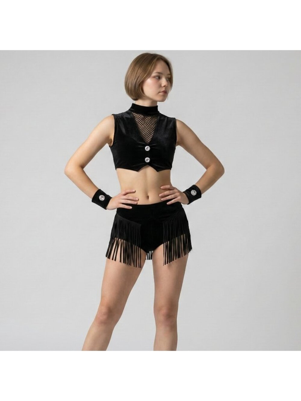 Girl's Custom Dance Costume Top & Briefs in Black Velvet with Fringe size 12-14